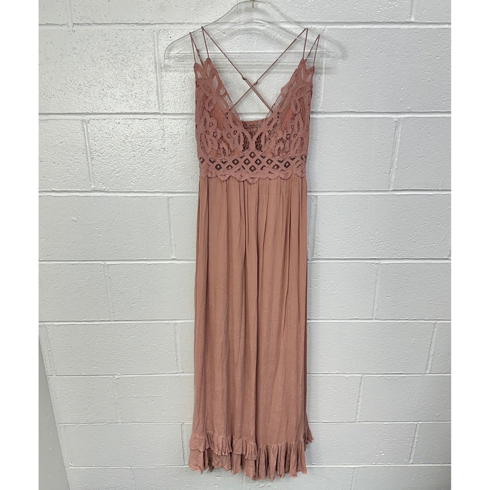 Free‎ People Adella Maxi Slip Dress Rose Pink Crochet Lace / Women's Medium